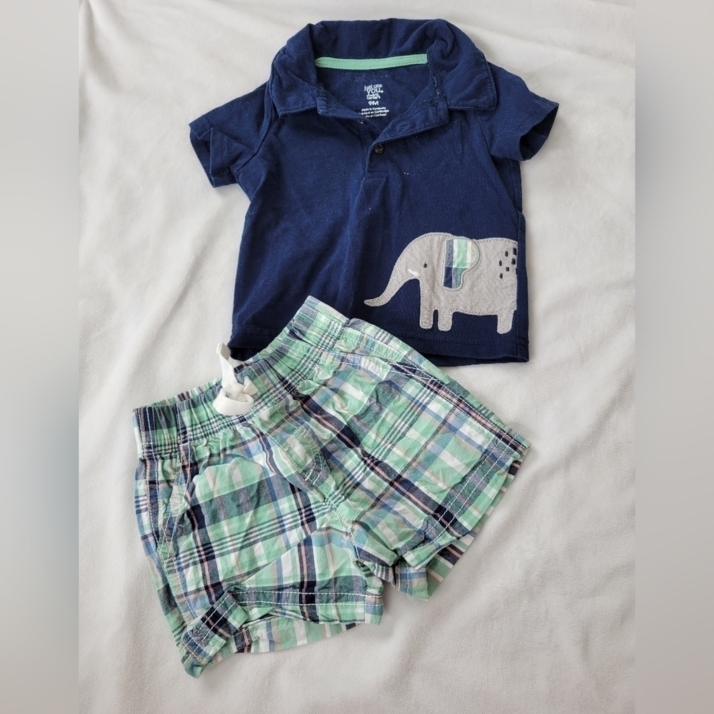 Just One You 2pc Navy blue elephant short sleeve w/ green & blue plaid shorts 9m - Picture 1 of 6